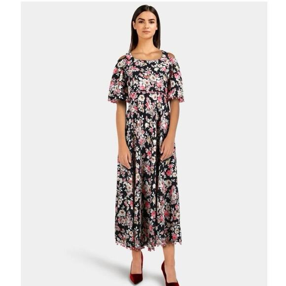 Gerua Dresses & Skirts - Floral Cold Shoulder Pom Trim Maxi Dress Boho Cottagecore Size Large Beachy